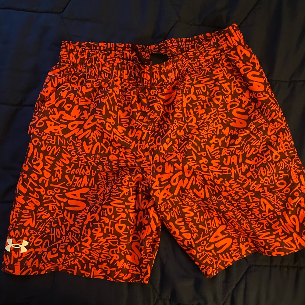 Under Armour Orange and Black Graffiti-Print Athletic Shorts